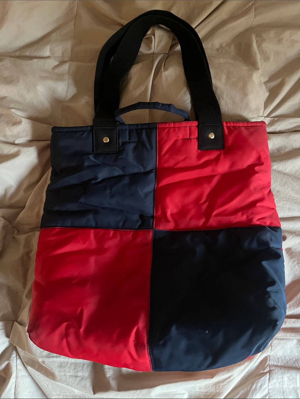 Clare V Quilted Patchwork Tote Bag in Red and Navy